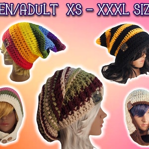 May include: Five different crocheted hats in various colors and styles. The hats are shown on mannequins with different hair colors. The hats are all made with a chunky yarn and have a slouchy fit. The text "TEEN/ADULT XS - XXXL SIZES" is displayed at the top of the image.