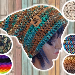 May include: A colorful crocheted beanie with a brown leather patch that says "Mug". The beanie is worn by a person with dark hair. The image also shows close-ups of different crochet patterns.