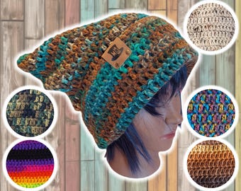Droopy Box Beanie, Custom Slouch Beanie, Hand Crocheted Knit Tam, Baggy Stocking Cap, Jester Beanie, UNISEX BOHO Cat Hat w Foldable Brim