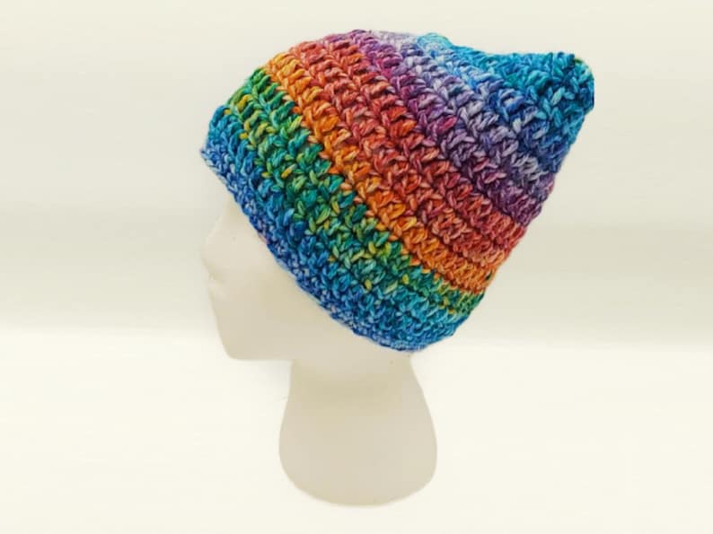 May include: A handmade, rainbow-colored crochet beanie hat. The hat is displayed on a white mannequin head. The hat features a vibrant spectrum of colors, including blue, green, yellow, orange, and purple. The beanie is a stylish accessory.