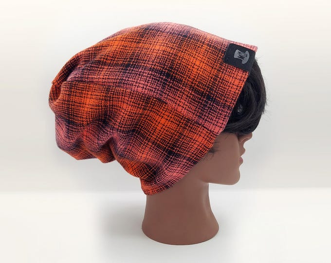 Featured listing image: Urban Casual Summer Slouch Beanie, Relaxed Slouchy Hat, Foldable Brim, Lightweight Flannel Beanie, Unisex Toque Knit Cap, Orange Plaid Tam