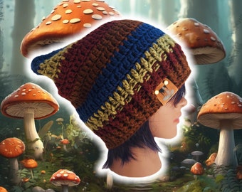 Droopy Box Beanie w Ribbed Brim, Custom Slouch Beanie, Hand Crocheted Knit Tam, Baggy RastaCap, Dread Bonnet Cap, Striped UNISEX BOHO Hat