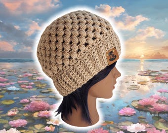 Slouchy Puff Stitch Beanie, Custom Made Handmade Crochet, BOHO Hippy Unisex Beanie, Knit Crochet Tam, Free Customizations, BEIGE SLOUCH Hat