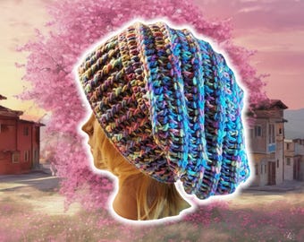 Slouchy Beehive Bonnet Beanie, Custom Made Crochet Unisex Knit Boho Beanie, Textured Ribbed Patchwork Beanie, XL Hippy Brimmed, ARTSY FARTSY