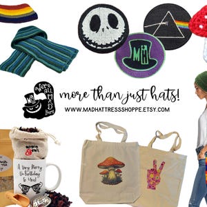 This image shows a brochure for my shoppe. MAD HATTRESS SHOPPE- MORE THAN JUST HATS. This image shows that you can find a variety of items right here in my shoppe.  I also sell tea, handbags, totes, scarfs, patches, custom mugs, purses, fabric slouch beanies, and much more!  Everything sold here is custom made by me personally.  #custom crochet #custom crafts #custom patches #custom totes #custom mugs #handmade gifts #custom handmade gifts #handcrafted unique tea blends #handmade boutique