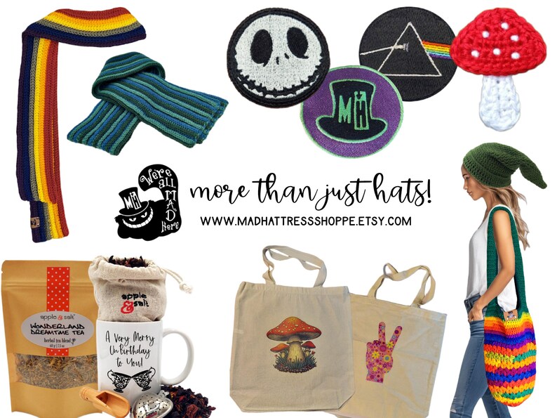 This image shows a brochure for my shoppe. MAD HATTRESS SHOPPE- MORE THAN JUST HATS. This image shows that you can find a variety of items right here in my shoppe.  I also sell tea, handbags, totes, scarfs, patches, custom mugs, purses, fabric slouch beanies, and much more!  Everything sold here is custom made by me personally.  #custom crochet #custom crafts #custom patches #custom totes #custom mugs #handmade gifts #custom handmade gifts #handcrafted unique tea blends #handmade boutique