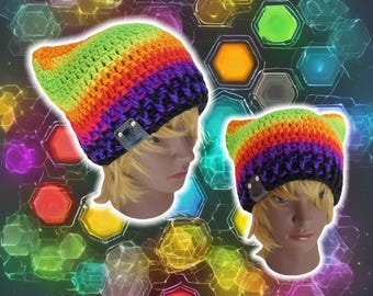 Custom Kitten Beanie w Ribbed Brim, Lightweight Fitted Cap, Handmade Crochet, Knit Cat Eared Hat w Small Ears, Psychedelic Beanie, NEON HAT
