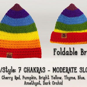 IMAGE SHOWS HAT LAID FLAT WITH BRIM FOLDED AND UNFOLDED
IMAGE READS: "FOLDABLE BRIM"
"COLOR/STYLE: 7 CHAKRAS - MODERATE SLOUCH, Cherry Red, Pumpkin, Bright Yellow, Thyme, Blue, Amethyst, Dark Orchid