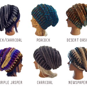 This image shows other style options of beanies that you can purchase here as well.  THE SIX STYLE OPTIONS SHOWN HERE ARE AS FOLLOWS: BLACK/CHARCOAL, PEACOCK, DESERT OASIS, PURPLE JASPER, CHARCOAL, NEWSPAPER. You can write your preference in the personalization field or order from the drop down field.