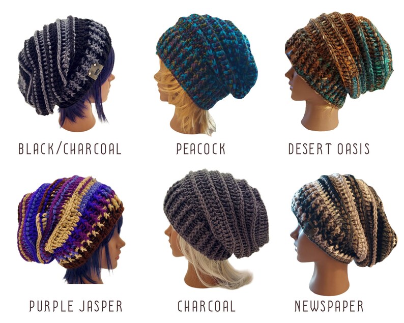 This image shows other style options of beanies that you can purchase here as well.  THE SIX STYLE OPTIONS SHOWN HERE ARE AS FOLLOWS: BLACK/CHARCOAL, PEACOCK, DESERT OASIS, PURPLE JASPER, CHARCOAL, NEWSPAPER. You can write your preference in the personalization field or order from the drop down field.