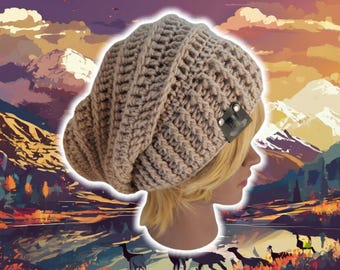 Slouchy Beehive Bonnet Beanie, Custom Made Crochet Unisex Knit Boho Beanie, Textured Ribbed Stylish Beanie, Large Rib Brimmed, BEIGE BEANIE