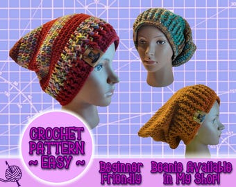 PATTERN Ribbed Brim Droopy Cat Eared Slouch Beanie, Striped BOHO RastaCap, Knit Hippie Beanie, Easy Beginner Crochet Pattern Under 5 Dollars