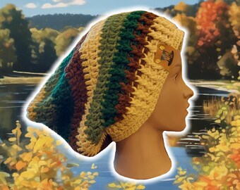 Droopy Box Beanie w Ribbed Brim, Custom Slouch Beanie, Hand Crocheted Knit Tam, Baggy RastaCap, Dread Bonnet Cap, Earth Tones UNISEX BOHO