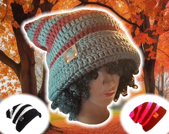 Droopy Box Beanie, Custom Slouch Beanie, Hand Crocheted Knit Tam, Baggy Stocking Cap, Dread Beanie, UNISEX Striped Cat Hat w Foldable Brim