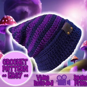 PATTERN Slouchy Pixie Beanie, Pointed Slouch Hat, Easy Beginner Crochet Pattern, Foldable Brim Cuffed Thin Stripe Knit Toque, Witch Beanie