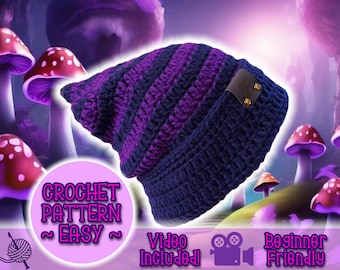 PATTERN Slouchy Pixie Beanie, Pointed Slouch Hat, Easy Beginner Crochet Pattern Under 5 Dollars, Foldable Brim Cuffed Thin Stripe Knit Toque