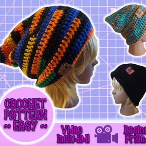 Può includere: Tre berretti all'uncinetto in diverse combinazioni di colori. I berretti sono neri, arancioni, verdi, blu, blu-verde e marroni. Il testo "Crochet Pattern ~ Easy ~" è nella parte inferiore dell'immagine. Il testo "Video Included!" è nell'angolo in basso a sinistra dell'immagine. Il testo "Beginner Friendly" è nell'angolo in basso a destra dell'immagine.