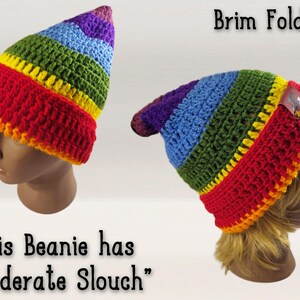 image reads: "brim folded, this beanie has moderate slouch" 
Lightweight beanie, great for all year long. This wearable art beanie can be adjusted to any height, slouch length, you can change the colors, the style, even change the brim type from foldable to ribbed. Many people find these beanies great for festival wear, especially since it is size inclusive, available in ANY size, from preemie through XXXL and beyond. Contact me for other sizes if needed!
