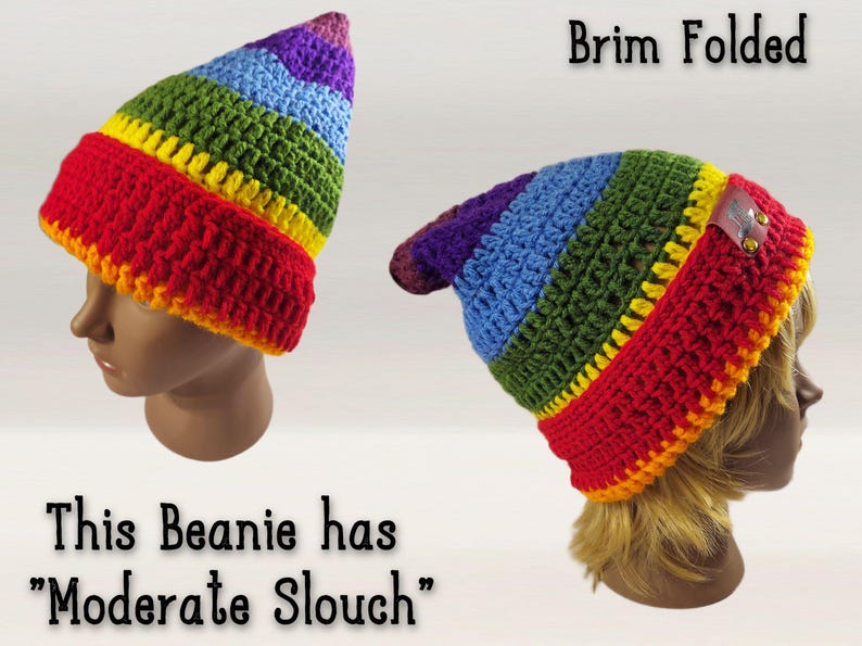 image reads: "brim folded, this beanie has moderate slouch" 
Lightweight beanie, great for all year long. This wearable art beanie can be adjusted to any height, slouch length, you can change the colors, the style, even change the brim type from foldable to ribbed. Many people find these beanies great for festival wear, especially since it is size inclusive, available in ANY size, from preemie through XXXL and beyond. Contact me for other sizes if needed!