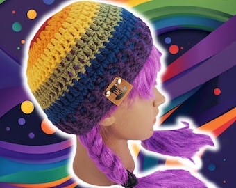 Custom Fitted Skull Cap, Ribbed Brim Hat, Rib-Knit Cuffed Toque, Handmade Crochet, Unisex BOHO Hiking Snowboarding Beanie, RAINBOW STRIPED
