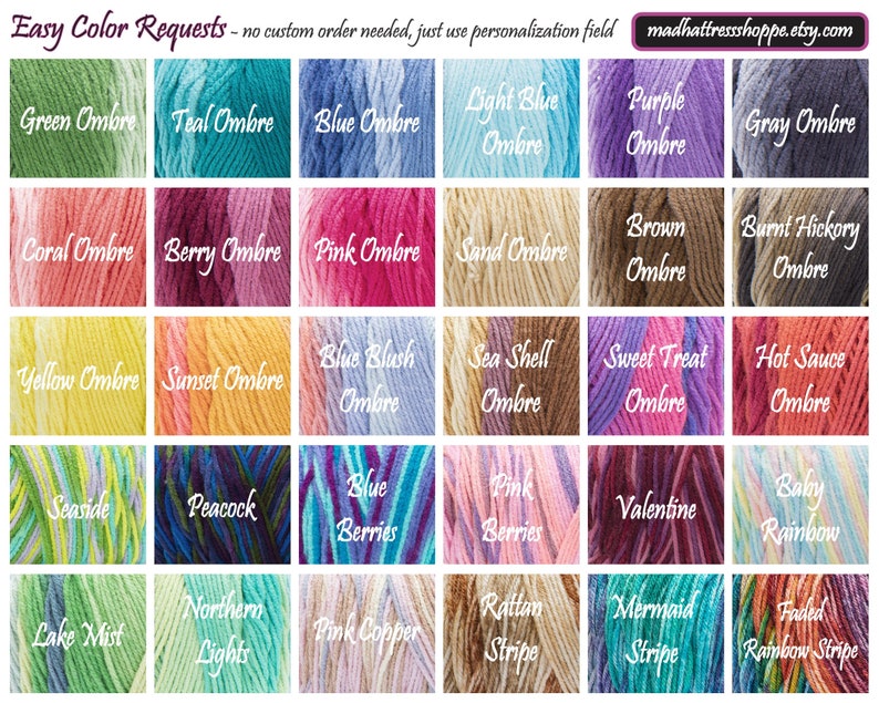 This image shows more yarn colors you can choose from.  Many of these colors are ombre colors. Choose any color or color combination and write it in the personalization field.   If you cannot read the color option, feel free to message me and tell me what colors you are thinking about. I will be happy to help make the style you want for your new beanie!  #ombre beanie #faded beanies #blened beanies #bobble beanies #ribbed caps #rib-knit cap #toques and toboggans #crocheted cap #wool beanies
