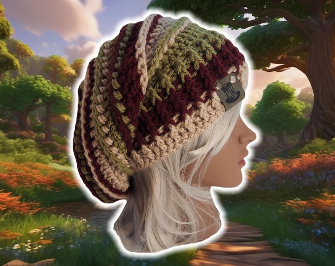 Featured listing image: Slouchy Beehive Bonnet Beanie, Custom Made Crochet Unisex Knit Boho Beanie, Textured Ribbed Patchwork Beanie, XL Hippy Brimmed, GRUNGY XMAS