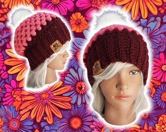 Slouchy Puff Stitch Beanie, Custom Made Handmade Crochet, BOHO Hippy Unisex Beanie, Knit Crochet Tam, Free Customization, STRAWBERRY CUPCAKE