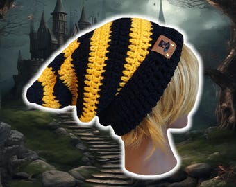 Slouchy Pixie Beanie Foldable Brim- Custom Made Hand Crocheted Cap, Striped Knit Pointed Beanie, Retro Gaming Brimmed Toque, BLACK/YELLOW
