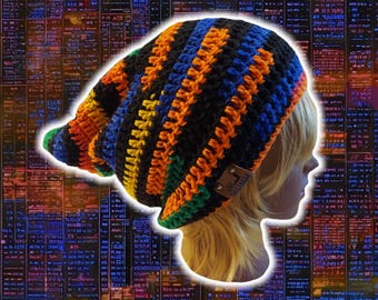 Slouchy Pixie Beanie Foldable Brim- Custom Made Hand Crocheted Cap, Striped Knit Pointed Beanie, Retro Gaming Brimmed Toque, PRIMARY STRIPES