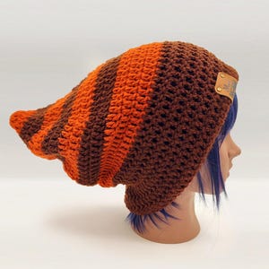 Y2K Vibe Slouch Beanie, Rusty Orange and Coffee Brown Stripes, Customize for Free, Grungy Vibes, Unisex Pointed Pixie Beanie, Plus Sizes
