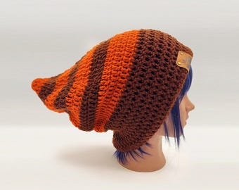 Y2K Vibe Slouch Beanie, Rusty Orange and Coffee Brown Stripes, Customize for Free, Grungy Vibes, Unisex Pointed Pixie Beanie, Plus Sizes
