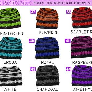 This photo shows style options for this slouch beanie that has black striped with another contrasting color. Options are as follows: black striped with 36- SPRING GREEN, 37- PUMPKIN, 38- SCARLET RED, 39- TURQUA, 40- ROYAL BLUE, 41- RASPBERRY, 42- WHITE, 43- CHARCOAL, 44- AMETHYST.  Black striped with charcoal is one of our best sellers. Request any colors in personalization field. #striped beanies #emo beanie #gothic style beanie #goth slouch beanie #halloween inspired beanie #hot topic beanie