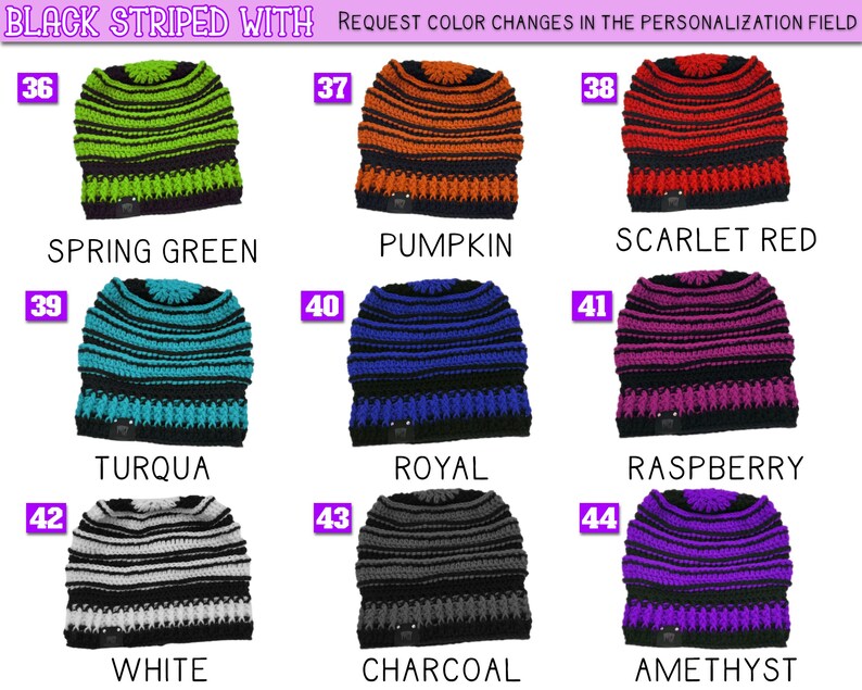 This photo shows style options for this slouch beanie that has black striped with another contrasting color. Options are as follows: black striped with 36- SPRING GREEN, 37- PUMPKIN, 38- SCARLET RED, 39- TURQUA, 40- ROYAL BLUE, 41- RASPBERRY, 42- WHITE, 43- CHARCOAL, 44- AMETHYST.  Black striped with charcoal is one of our best sellers. Request any colors in personalization field. #striped beanies #emo beanie #gothic style beanie #goth slouch beanie #halloween inspired beanie #hot topic beanie