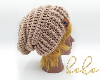 Slouchy Beehive Bonnet Beanie, Custom Made Crochet Unisex Knit Boho Beanie, Textured Ribbed Stylish Beanie, Large Rib Brimmed, BEIGE BEANIE