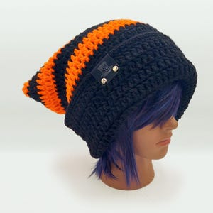Halloween Droopy Box Beanie, Oversized Slouch Hat, Hand Crocheted Knit Tam, Baggy Stocking Cap, Unique UNISEX Striped Cat Hat, Foldable Brim
