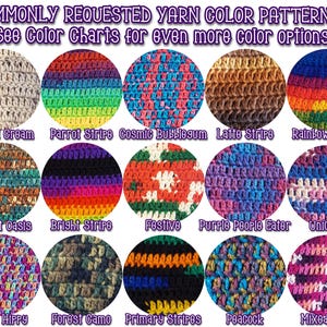 Customize your beanie by selecting any of these color pattern options.  Flecked cream, rainbow stripe, latte stripe, bright stripe, peacock color, forest cam and extra hippy are just a few of the color options.  Check out the color charts for even more color choices.  color changes are few of charge, colorful beanies, rainbow beanies, bright beanies, fun play full beanies, unique specialty beanies, custom slouch beanies, year round beanies, light weight beanies, trendy viral beanies, hipster hat