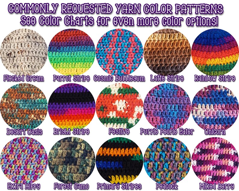 Customize your beanie by selecting any of these color pattern options.  Flecked cream, rainbow stripe, latte stripe, bright stripe, peacock color, forest cam and extra hippy are just a few of the color options.  Check out the color charts for even more color choices.  color changes are few of charge, colorful beanies, rainbow beanies, bright beanies, fun play full beanies, unique specialty beanies, custom slouch beanies, year round beanies, light weight beanies, trendy viral beanies, hipster hat