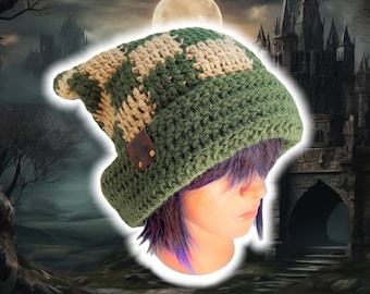 Droopy Box Beanie, Custom Slouch Beanie, Hand Crocheted Knit Stocking Cap, Checkered Jester Beanie, UNISEX Harlequin Cat Hat w Foldable Brim