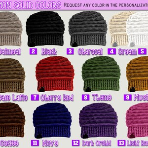 This photo shows commonly requested solid colors in this beanie style. 1- oatmeal, 2- black, 3- charcoal, 4- cream, 5- white, 6- café latte, 7- cherry red, 8- thyme, 9- mustard, 10- coffee, 11- navy, 12- dark orchid, 13- light raspberry.  These are just some of the color options.  You can request any color for this beanie.  #one color slouch beanies #black slouch beanie #beige slouch beanie #pink slouch beanie #ribbed knit beanies #colorful knit hats #quality yarn beanies #extra slouchy beanies