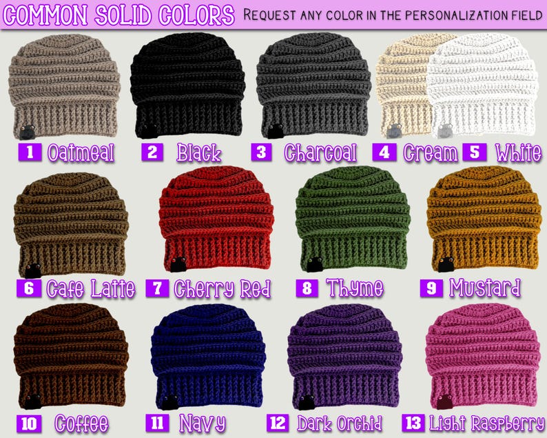 This photo shows commonly requested solid colors in this beanie style. 1- oatmeal, 2- black, 3- charcoal, 4- cream, 5- white, 6- café latte, 7- cherry red, 8- thyme, 9- mustard, 10- coffee, 11- navy, 12- dark orchid, 13- light raspberry.  These are just some of the color options.  You can request any color for this beanie.  #one color slouch beanies #black slouch beanie #beige slouch beanie #pink slouch beanie #ribbed knit beanies #colorful knit hats #quality yarn beanies #extra slouchy beanies