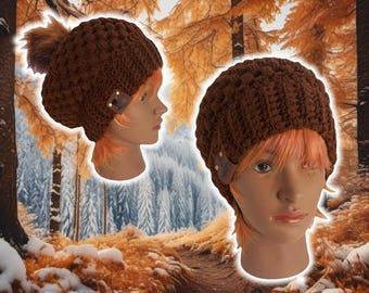 Slouchy Puff Stitch Beanie, Custom Made Handmade Crochet, BOHO Hippy Unisex Beanie, Knit Crochet Tam, Free Customizations, BROWN SLOUCH Hat