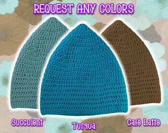 Slouchy Pixie Beanie Foldable Brim- Custom Made Hand Crocheted, Knit Pointed Hiking Beanie, Slouch Watch Cap, Customize Brimmed Toque, BLACK