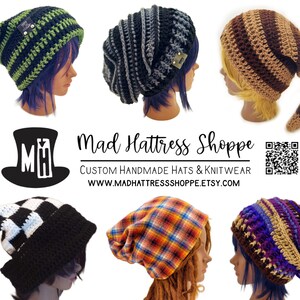 This image shows brochure for my shoppe. It reads: MAD HATTRESS SHOPPE, CUSTOM HANDMADE HATS AND KNITWEAR. WWW.MADHATTRESSSHOPPE.ETYS.COM.   #fun hats #mad hatter hats #trendy stylish beanies #cosplay beanies #extra baggy beanies #plus size hats #fun alternative style beanies #gothic style beanies #90s grunge  #artistic beanies #checkered beanies #plaid beanies #slouch beanies #XL beanies #baggy toboggans #toques and tams #retro beanies #wizard beanies #fairy beanies #rastacaps #custom beanies