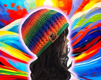 Custom Fitted Skull Cap, Large Ribbed Brim Hat, Rib-Knit Cuffed Toque, Handmade Crochet, Unisex BOHO Hiking Snowboarding Beanie, RAINBOW HAT