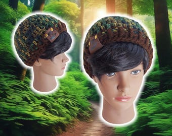 Custom Fitted Skull Cap, Large Ribbed Brim, Rib-Knit Cuffed Toque, Handmade Crochet, Unisex BOHO Hiking Snowboarding Beanie, CAMO WATCHCAP