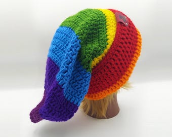 Slouchy Pixie Beanie Foldable Brim- Custom Made Hand Crocheted Cap, Casual Knit Pointed Beanie, Rainbow Striped Brimmed Toque, CHAKRA BEANIE