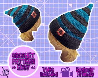 PATTERN Slouchy Pixie Beanie, Pointed Slouch Hat, Easy Beginner Crochet Pattern Under 5 Dollars, Foldable Brim Cuffed Thin Stripe Knit Toque