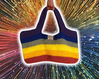 Striped Knit Strapped Handbag, Knit Handbag Satchel, Custom Handmade Crochet, Customizable Knit Bag, Knit Purses Totes, Fun Rainbow Bookbag