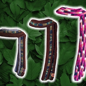 May include: Three crocheted scarves in different colors and patterns. The scarves are brown and blue, brown and green, and pink and white.