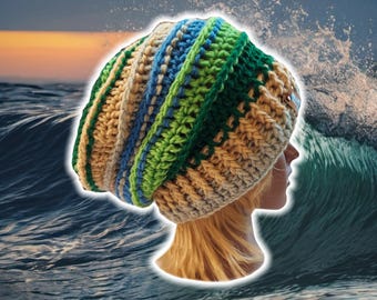 Slouchy Beehive Bonnet Beanie, Custom Made Crochet Unisex Knit Boho Beanie, Textured Ribbed Patchwork Beanie, XL Hippy Brimmed, EARTH TONES